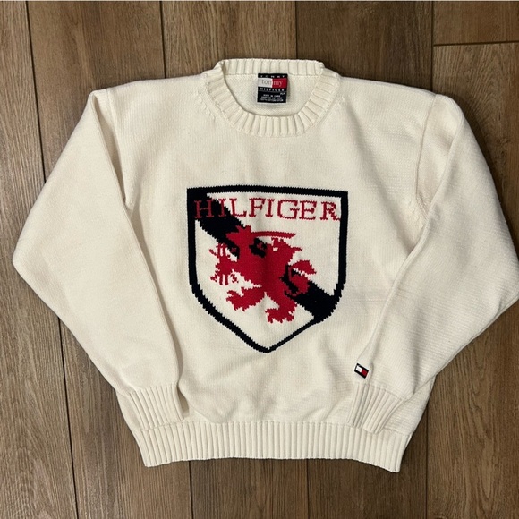 VINTAGE Tommy Hilfiger Red and White Crewneck Sweater with Shield Emblem - Picture 1 of 10